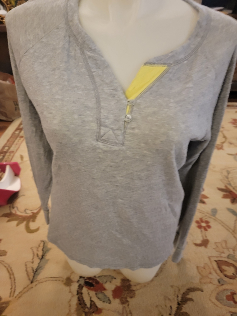 Eddie Bauer Gray Henley Sweatshirt with Yellow Placket Accent